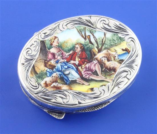 A late 19th/early 20th century Italian 800 standard silver and enamel oval pill box, box 1.5in.